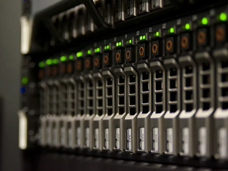 A server rack with green status lights